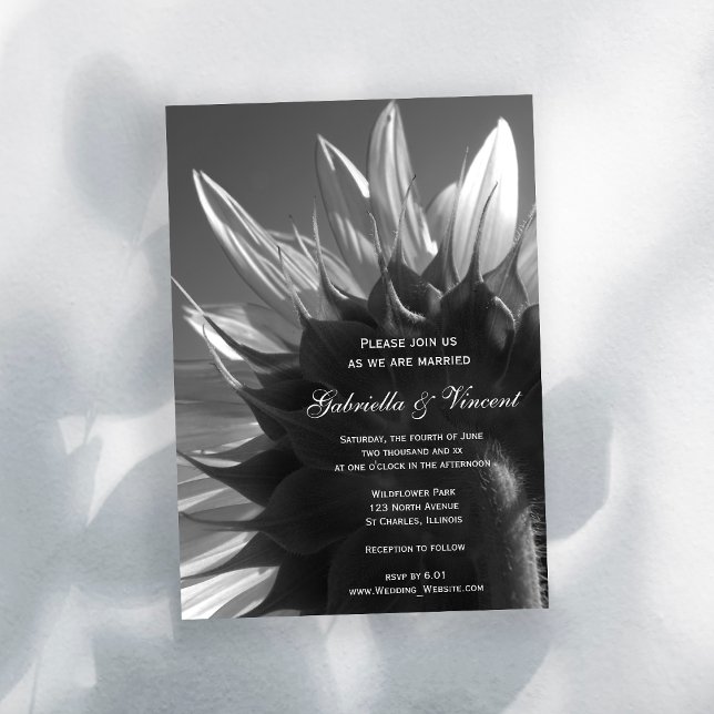 Convites Casamento de Girassol no Jardim Negro e Branco (Invite guests to your garden party marriage with the Black and White Sunflower Wedding Invitation.)