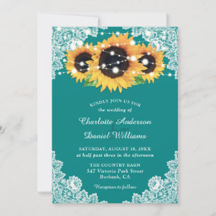 Convites Casamento de Girassol Rústico Teal