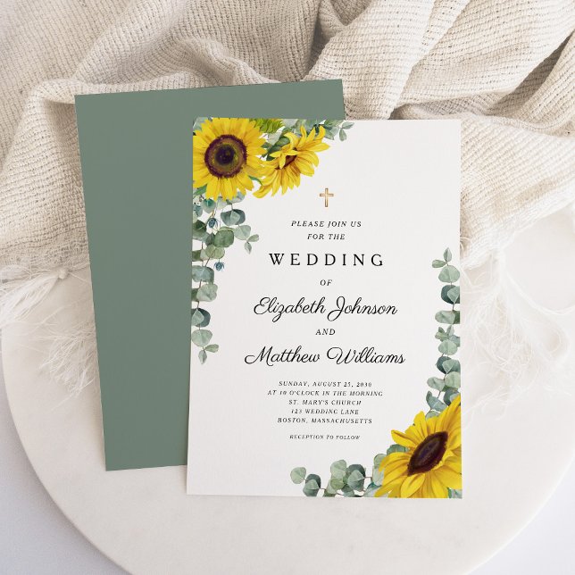 Convites Casamento de Girassol Verde Sage Religioso (Religious Sage Green Sunflower Wedding Invitation)