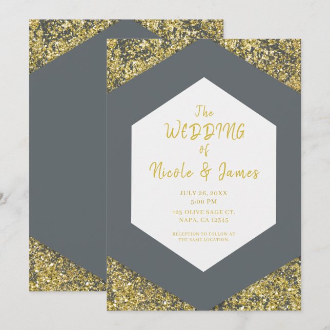 Convites Casamento de Glam com Glitter Dourado da Cinza Mod (Frente/Verso)