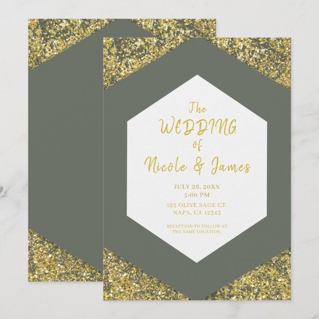 Convites Casamento de Glam com Glitter Dourado Verde Azeite (Frente/Verso)
