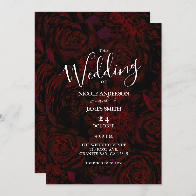 Convites Casamento de Glam das Flores Românticas Vermelhas  (Frente/Verso)