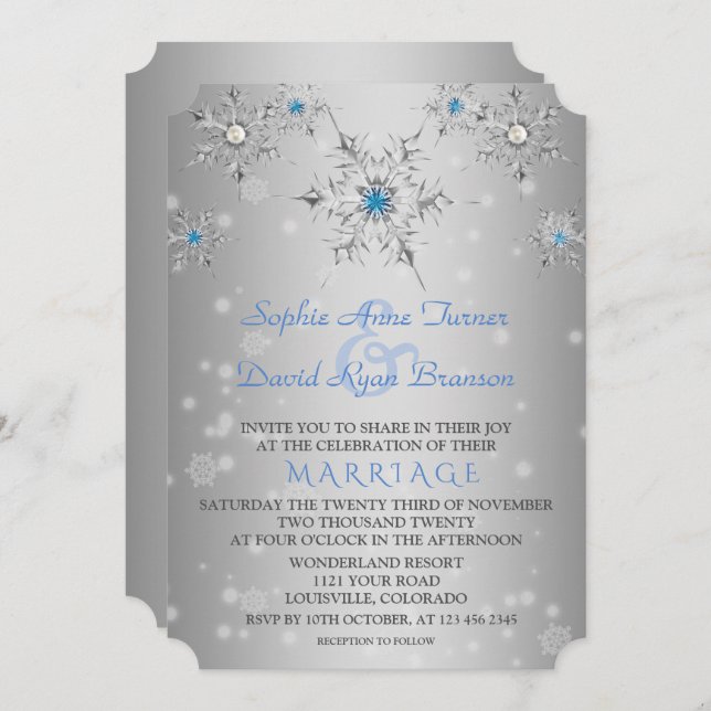 Convites Casamento de Glam Silver Snowflakes Crystal Blue P (Frente/Verso)