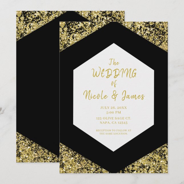 Convites Casamento de Glama Dourado Glitter Negro Moderno (Frente/Verso)