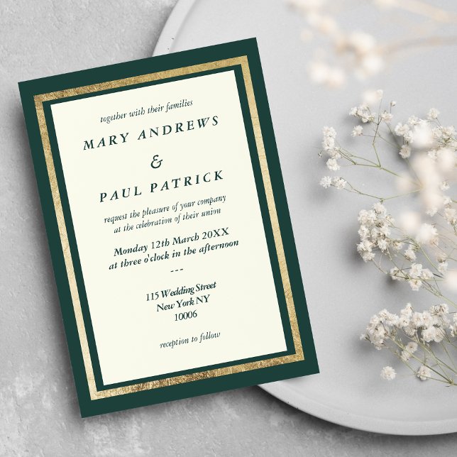 Convites Casamento de glama verde da floresta de ouro marfi (Elegant ivory gold forest green glam Wedding)