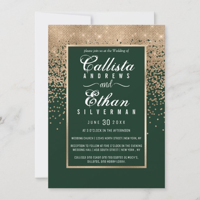 Convites Casamento de Glitter Confetti Dourado Verde da Flo (Frente)