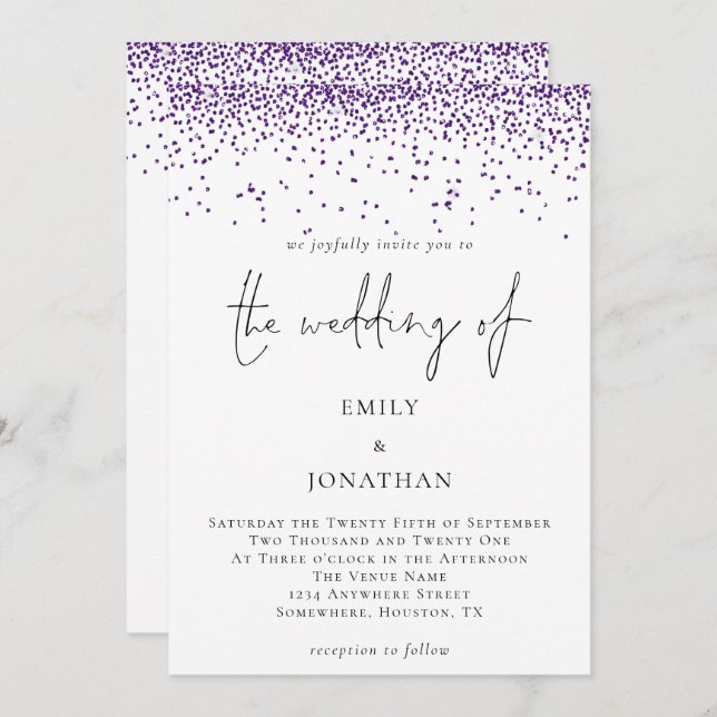 Convites Casamento de Glitter Confetti Silver Script Elegan (Frente/Verso)