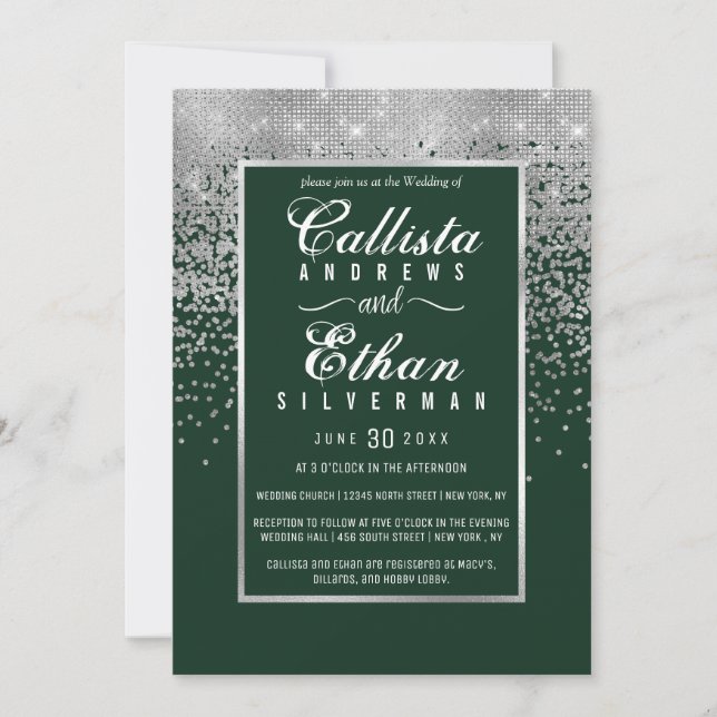 Convites Casamento de Glitter Confetti Silver Verde Florest (Frente)