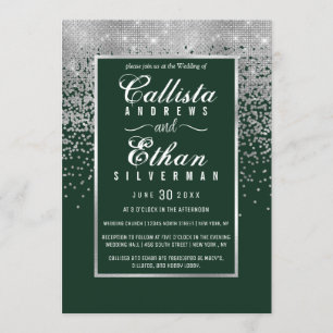 Convites Casamento de Glitter Confetti Silver Verde Florest