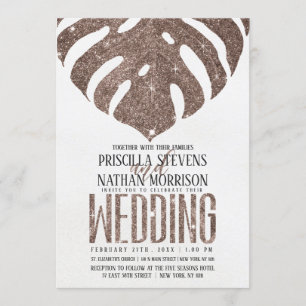 Convites Casamento de Glitter Dourado com Rosa de Folha de