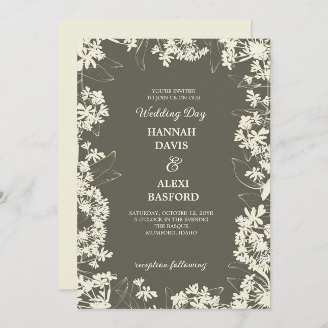 Convites Casamento de Goldenrod com bordas Florais Elegante (Frente/Verso)