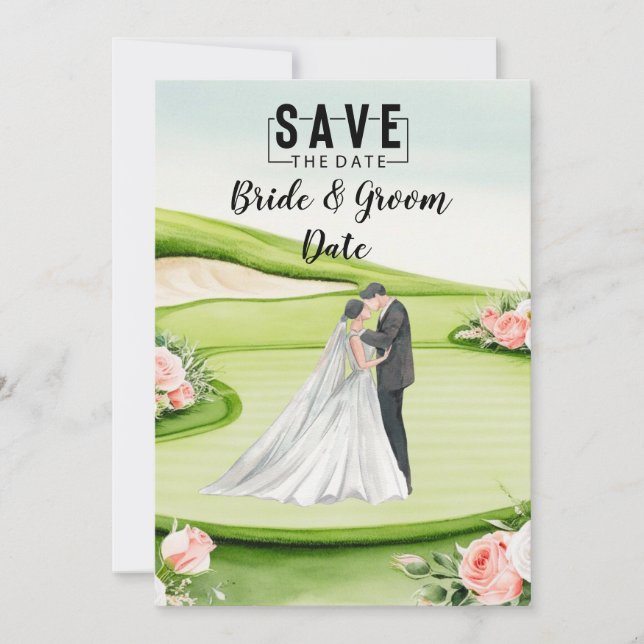 Convites Casamento de Golfe com noiva e noivo em verde (Frente)