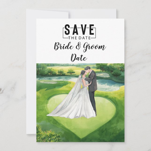 Convites Casamento de Golfe com noiva e noivo no green (Frente)