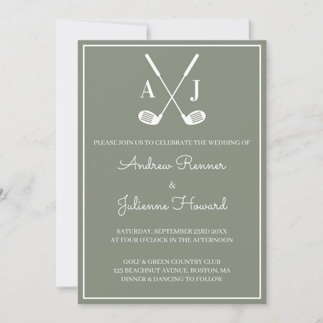 Convites Casamento de Golfe em Verde Salvia (Frente)
