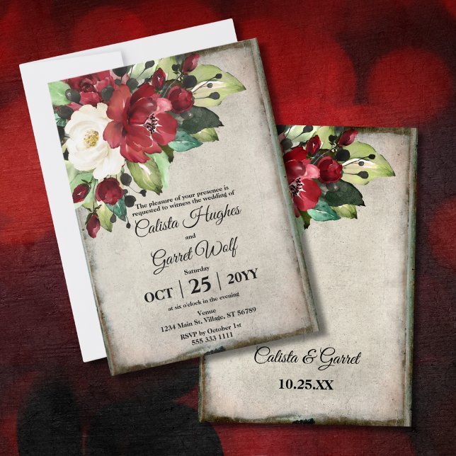 Convites Casamento de Gótico de Cinza Vermelho Floral Verme (Criador carregado)