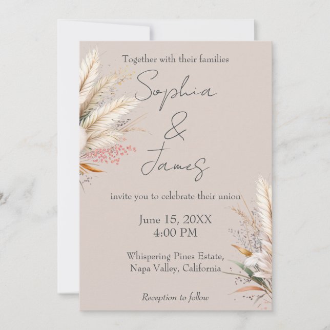 Convites Casamento de Grama de Pampas Boho Bege Claro (Frente)