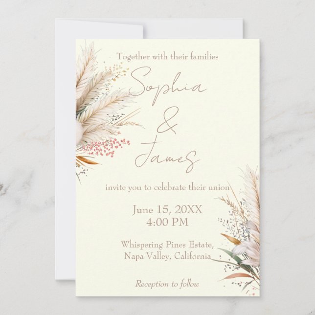 Convites Casamento de Grama de Pampas Boho Marfim (Frente)