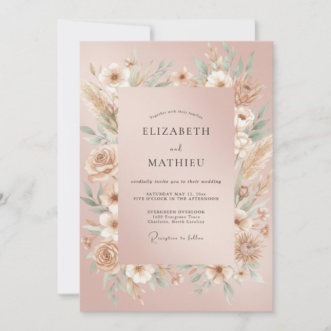 Convites Casamento de Grama de Pampas Eucalipto Rosa (Frente)