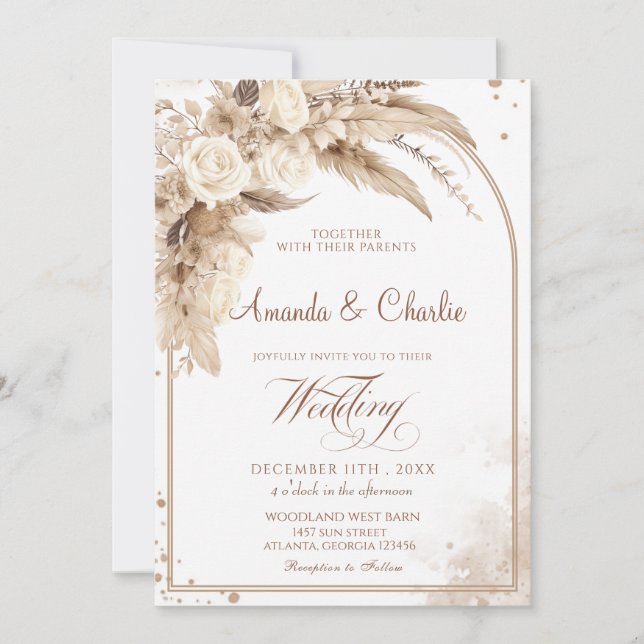 Convites Casamento de Grama Pampas Boho  (Frente)