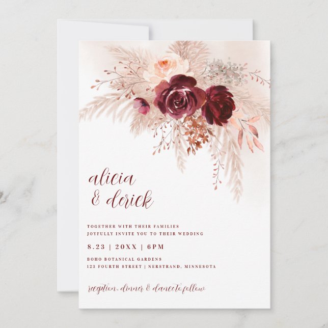 Convites Casamento de Grama Pampas Boho Rosas Borgonha (Frente)