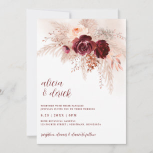Convites Casamento de Grama Pampas Boho Rosas Borgonha