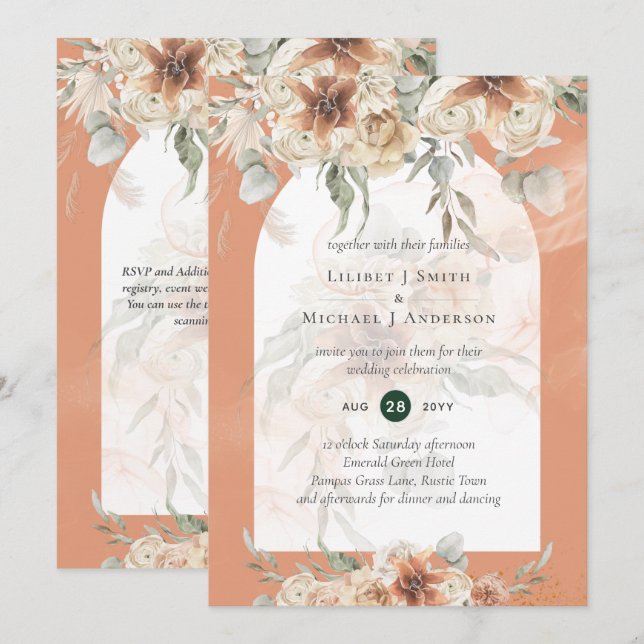 Convites Casamento de Grass Boho Coral Terracotta Pampas (Frente/Verso)