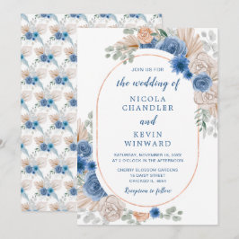 Convites Casamento de Grass Boho Pampas Azul