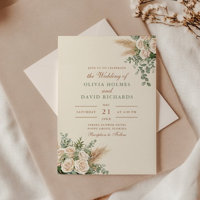 Convites Casamento de Grass e Rosa Branca de Boho Moderno (Modern Boho Pampas Grass & White Rose Wedding Invitation with an envelope on an elegant table)