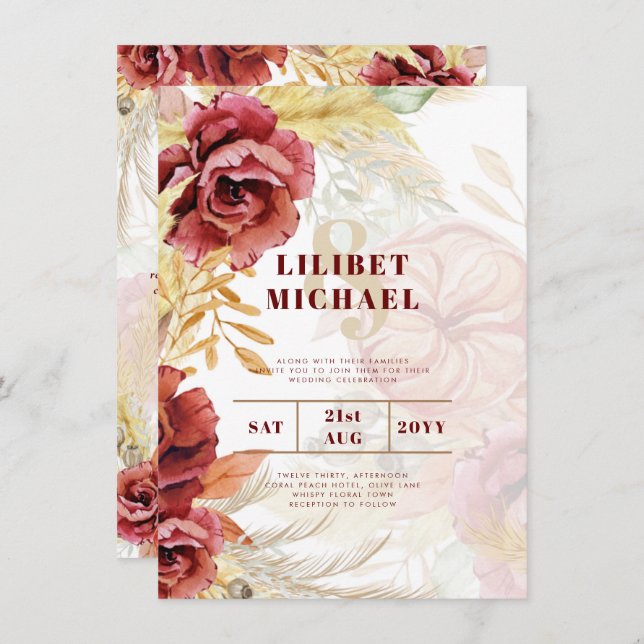 Convites Casamento de Grass Rosa Pampas Burgundy BOHO (Frente/Verso)