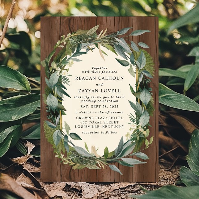 Convites Casamento de Greenery Wreath e Wood Rustic Nature (Criador carregado)