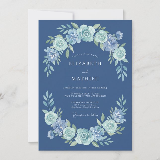 Convites Casamento de Grinalda Floral Azul Desbotado (Frente)