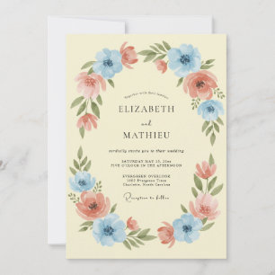 Convites Casamento de Grinalda Floral Azul Pêssego