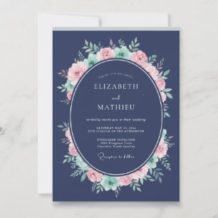 Convites Casamento de Grinalda Floral Romântica Azul Marinh