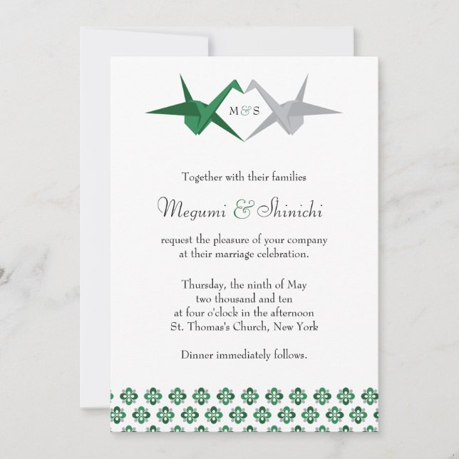 Convites Casamento de Gruas de Origami Verde / Silver (Frente)