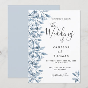 Convites Casamento de guião botânico branco-azul-Dusty