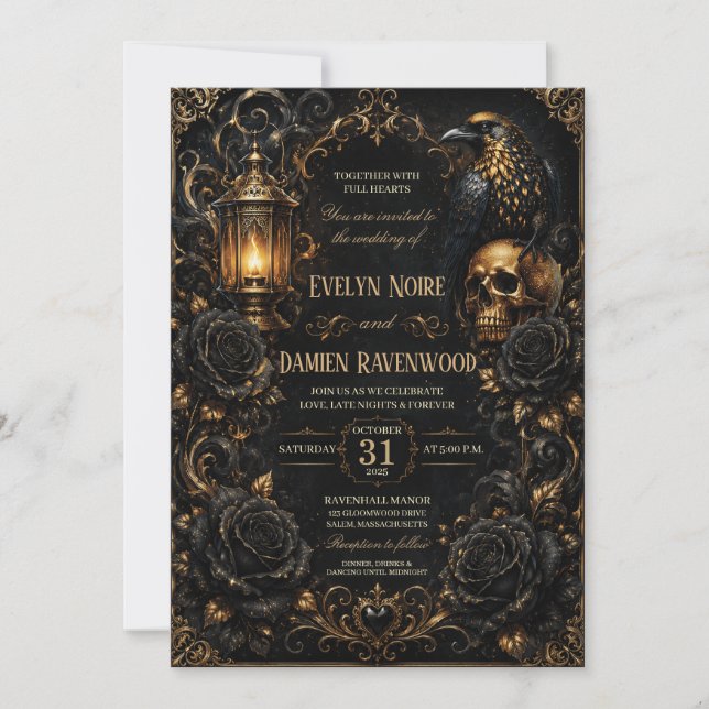 Convites Casamento de Halloween Black Rose Gothic (Frente)