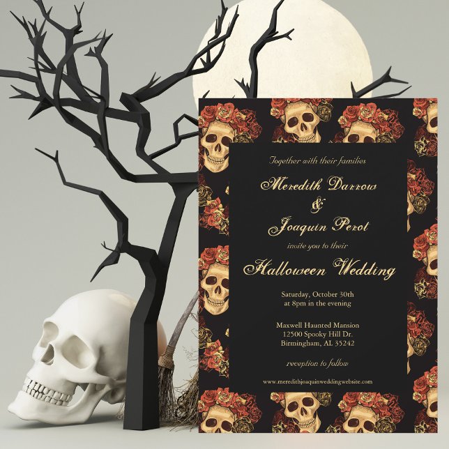 Convites Casamento de Halloween com Caveira Gótica e Rosas  (Criador carregado)