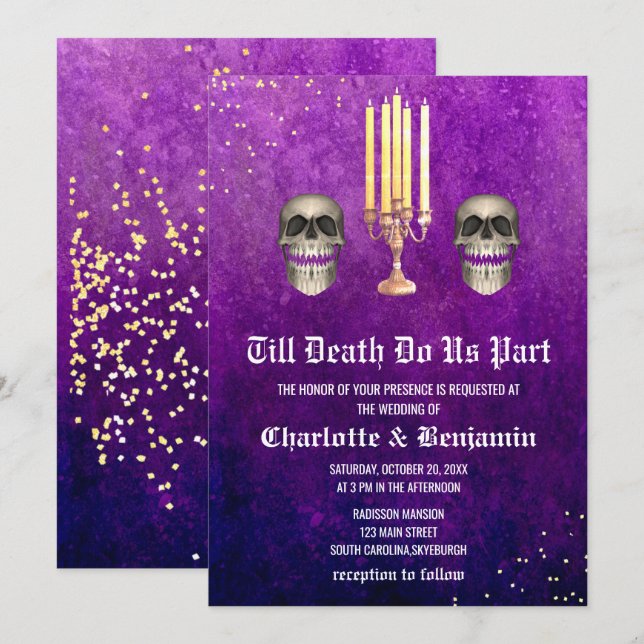Convites Casamento de Halloween com Caveira Roxa (Frente/Verso)