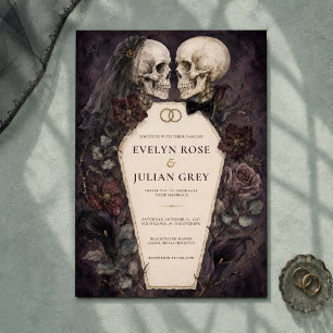 Convites Casamento de Halloween com Crânios em Aquarela Gót