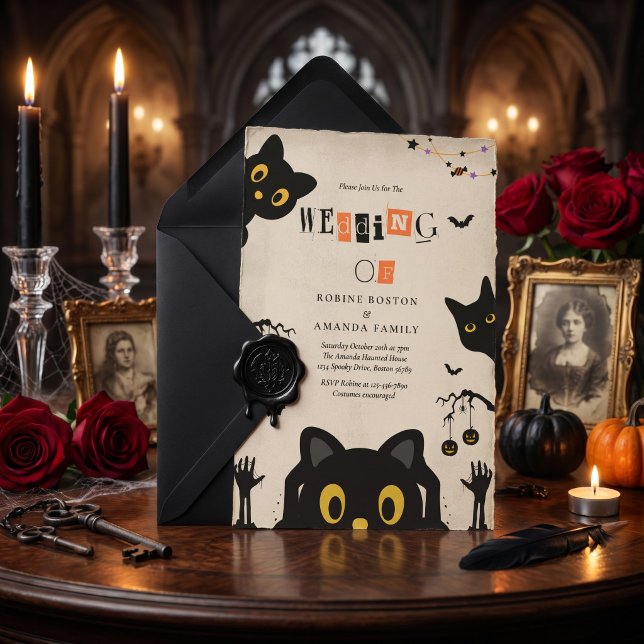Convites Casamento de Halloween com Gato Preto Fofo (Criador carregado)