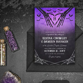Convites Casamento de Halloween com Morcegos Roxos Esquelet
