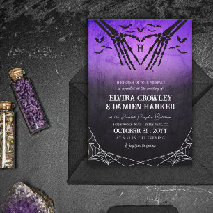 Convites Casamento de Halloween com Morcegos Roxos Esquelet