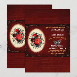 Convites Casamento de Halloween com o Crânio Floral Vermel
