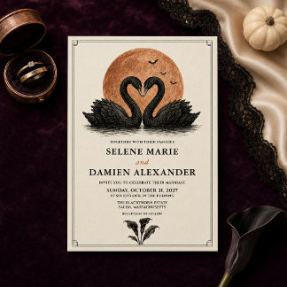 Convites Casamento de Halloween de Cisnes Pretos Góticos