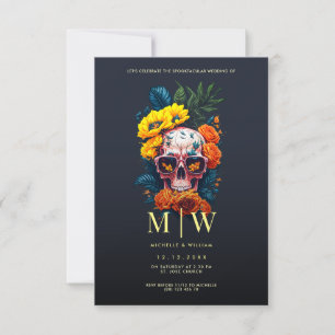 Convites Casamento de Halloween do Monograma Floral Skull
