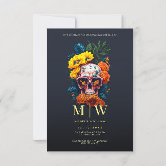 Convites Casamento de Halloween do Monograma Floral Skull