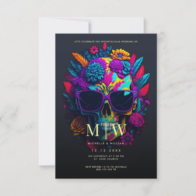 Convites Casamento de Halloween do Monograma Floral Skull (Frente)