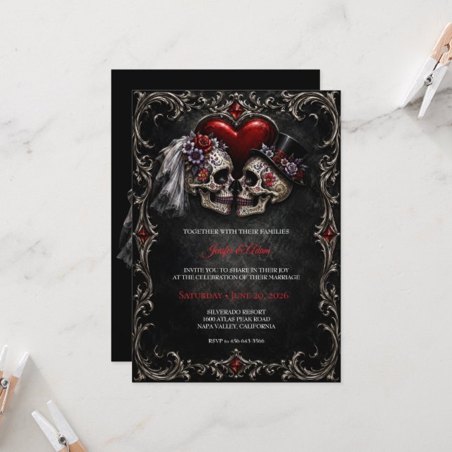 Convites Casamento de Halloween Esqueleto Gótico (Frente/Verso In Situ)