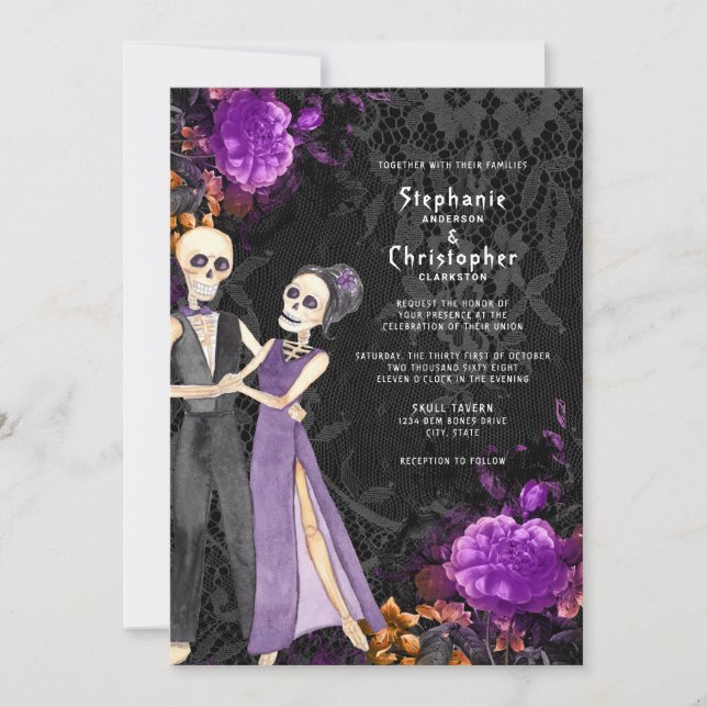 Convites Casamento de Halloween Floral Purple, de Esqueleto (Frente)