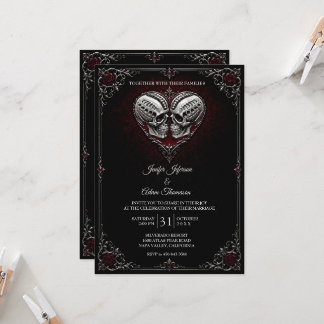 Convites Casamento de Halloween Gótico de Esqueleto (Frente/Verso In Situ)